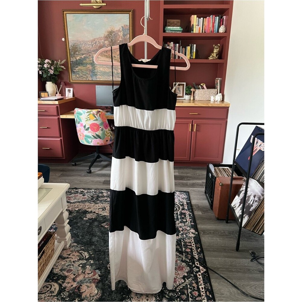 Pink Rose Black and White Striped Sleeveless Maxi Dress